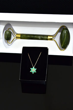 925 Ayar Gümüş Rose Kaplama Yeşil Opal Taşlı Lotus Çiçeği Kolye Yeşim Taşı Yüz Masaj Aleti Hediye