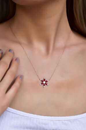 925 Ayar Rose Kaplama Kırmızı Sedef Mineli Kamelya Çiçeği Kolye