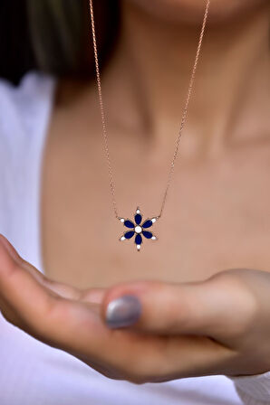 925 Ayar Rose Kaplama Lacivert Sedef Mineli Kamelya Çiçeği Kolye