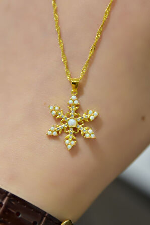 925 Ayar Gümüş Gold Kaplama Singapur Zincir Opal Kar Tanesi Kadın Kolye