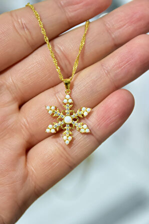 925 Ayar Gümüş Gold Kaplama Singapur Zincir Opal Kar Tanesi Kadın Kolye