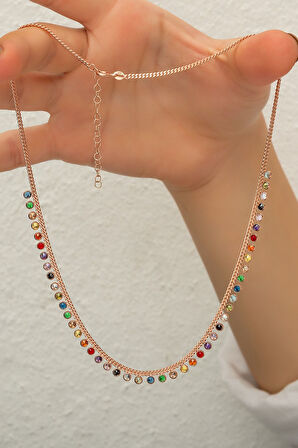 925 Ayar Gümüş Rose Kaplama Sallantılı Mix Taşlı Kolye