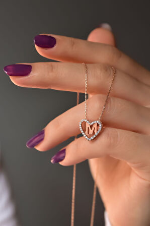 925 Ayar Gümüş Rose Kaplama Aşkın Harfi M Kalp Kolye