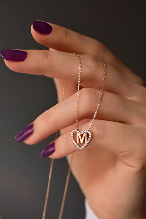 925 Ayar Gümüş Rose Kaplama Aşkın Harfi M Kalp Kolye