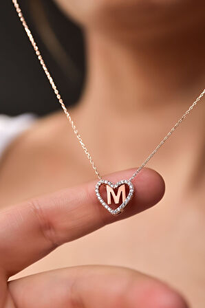 925 Ayar Gümüş Rose Kaplama Aşkın Harfi M Kalp Kolye