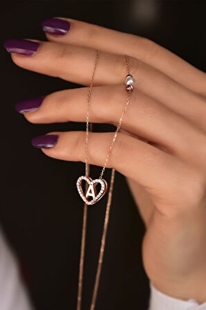 925 Ayar Gümüş Rose Kaplama Incili Dorika Toplu Aşkın Harfi A Kalp Kolye