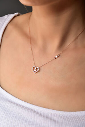 925 Ayar Gümüş Rose Kaplama Incili Dorika Toplu Aşkın Harfi A Kalp Kolye