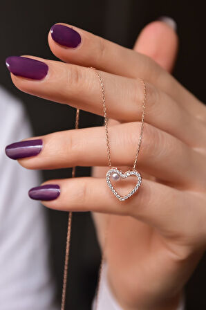 925 Ayar Gümüş Rose Kaplama Incili Kalp Montür Kolye