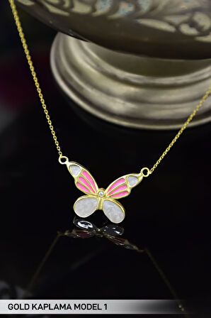 925 Ayar Gümüş Gold Kaplama Pembe Sedef Mineli Kelebek Kolye Model 1