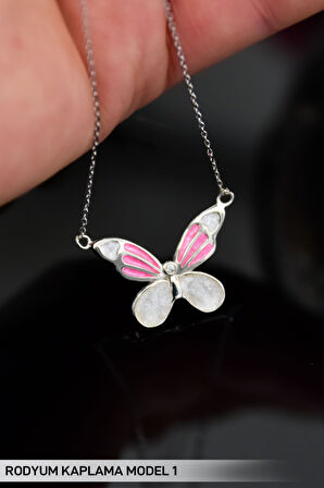 925 Ayar Gümüş Rodyum Kaplama Pembe Sedef Mineli Kelebek Kolye Model