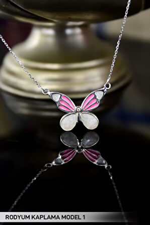 925 Ayar Gümüş Rodyum Kaplama Pembe Sedef Mineli Kelebek Kolye Model