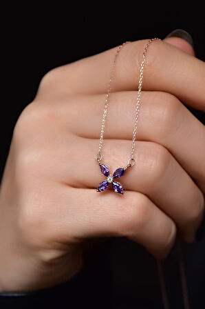 925 Ayar Gümüş Rose Kaplama Mor Zirkon Taşlı Plumeria Kolye