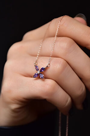 925 Ayar Gümüş Rose Kaplama Mor Zirkon Taşlı Plumeria Kolye