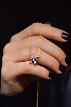 925 Ayar Gümüş Gold Kaplama Mor Zirkon Taşlı Plumeria Kolye