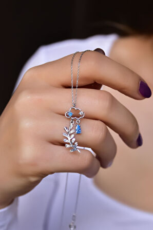 925 Ayar Gümüş Rodyum Kaplama Kristal Zeytin Dalı Yağmur Bulut Kolye