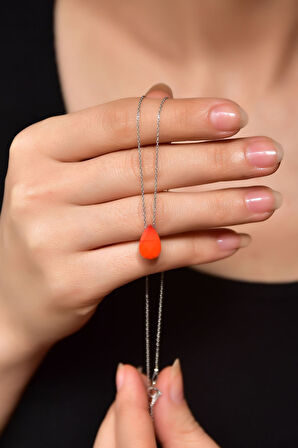 925 Ayar Gümüş Rodyum Kaplama Doğal Taş Turuncu Damla Kolye