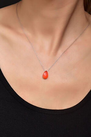 925 Ayar Gümüş Rodyum Kaplama Doğal Taş Turuncu Damla Kolye