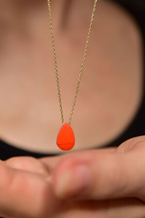 925 Ayar Gümüş Gold Kaplama Doğal Taş Turuncu Damla Kolye