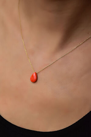 925 Ayar Gümüş Gold Kaplama Doğal Taş Turuncu Damla Kolye