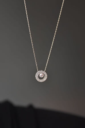 925 Ayar Gümüş Rodyum Kaplama Incili Yuvarlak Kolye