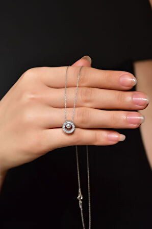 925 Ayar Gümüş Rodyum Kaplama Incili Yuvarlak Kolye