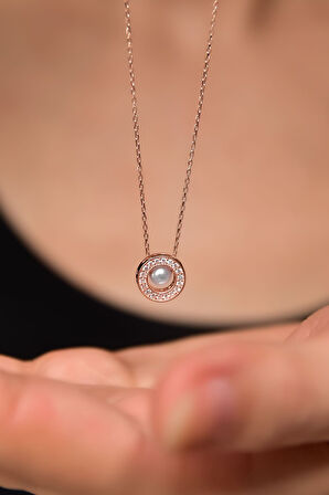 925 Ayar Gümüş Rose Kaplama Incili Yuvarlak Kolye