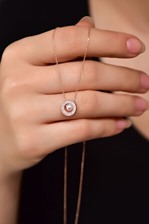 925 Ayar Gümüş Rose Kaplama Incili Yuvarlak Kolye