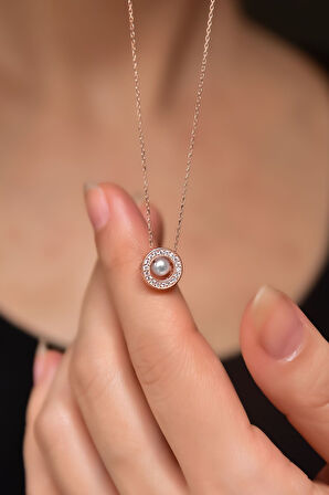 925 Ayar Gümüş Rose Kaplama Incili Yuvarlak Kolye