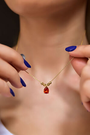 925 Ayar Gümüş Gold Kaplama Turuncu Damla Kenarları Çift Dorica Toplu Kolye