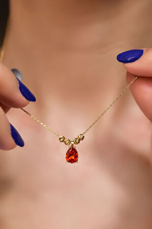 925 Ayar Gümüş Gold Kaplama Turuncu Damla Kenarları Çift Dorica Toplu Kolye