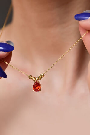 925 Ayar Gümüş Gold Kaplama Turuncu Damla Kenarları Çift Dorica Toplu Kolye