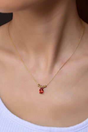 925 Ayar Gümüş Gold Kaplama Turuncu Damla Kenarları Çift Dorica Toplu Kolye