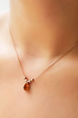 925 Ayar Gümüş Rose Kaplama Turuncu Damla Kenarları Çift Dorica Toplu Kolye