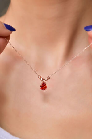 925 Ayar Gümüş Rose Kaplama Turuncu Damla Kenarları Çift Dorica Toplu Kolye