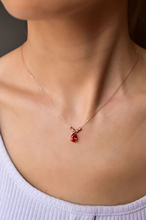 925 Ayar Gümüş Rose Kaplama Turuncu Damla Kenarları Çift Dorica Toplu Kolye