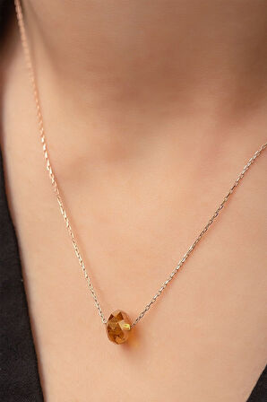 925 Ayar Gümüş Rose Kaplama Doğal Taş Fasetli Yüzey Yuvarlak Bal Rengi Kolye Zincir