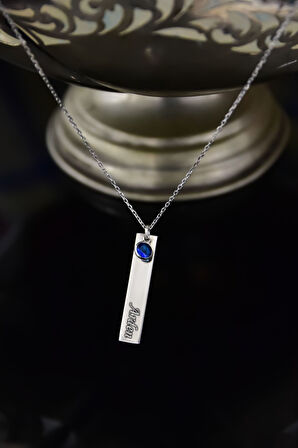925 Ayar Gümüş Rodyum Kaplama Lacivert Doğum Taşı Plaka Arden Yazılı Kolye