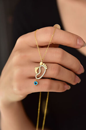 925 Ayar Gümüş Gold Kaplama Cam Gözlü Anne Çocuk Ayak Izi Kadın Kolye