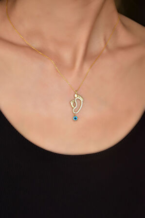 925 Ayar Gümüş Gold Kaplama Cam Gözlü Anne Çocuk Ayak Izi Kadın Kolye