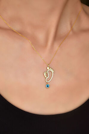 925 Ayar Gümüş Gold Kaplama Cam Gözlü Anne Çocuk Ayak Izi Kadın Kolye