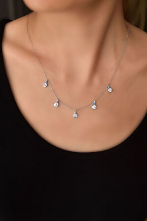 925 Ayar Gümüş Rodyum Kaplama Mineli Gözlü Yuvarlak Zirkon Taşlı Sallantılı Kolye