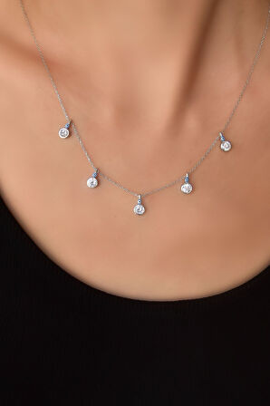 925 Ayar Gümüş Rodyum Kaplama Mineli Gözlü Yuvarlak Zirkon Taşlı Sallantılı Kolye