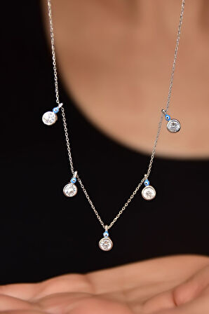 925 Ayar Gümüş Rodyum Kaplama Mineli Gözlü Yuvarlak Zirkon Taşlı Sallantılı Kolye