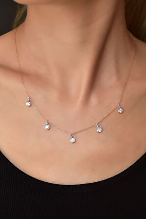 925 Ayar Gümüş Rose Kaplama Mineli Gözlü Yuvarlak Zirkon Taşlı Sallantılı Kolye