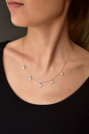 925 Ayar Gümüş Rose Kaplama Mineli Gözlü Yuvarlak Zirkon Taşlı Sallantılı Kolye