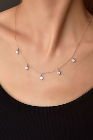 925 Ayar Gümüş Rose Kaplama Mineli Gözlü Yuvarlak Zirkon Taşlı Sallantılı Kolye