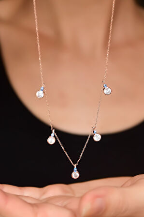 925 Ayar Gümüş Rose Kaplama Mineli Gözlü Yuvarlak Zirkon Taşlı Sallantılı Kolye