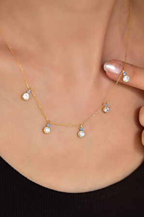 925 Ayar Gümüş Gold Kaplama Mineli Gözlü Yuvarlak Zirkon Taşlı Sallantılı Kolye