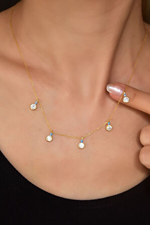 925 Ayar Gümüş Gold Kaplama Mineli Gözlü Yuvarlak Zirkon Taşlı Sallantılı Kolye