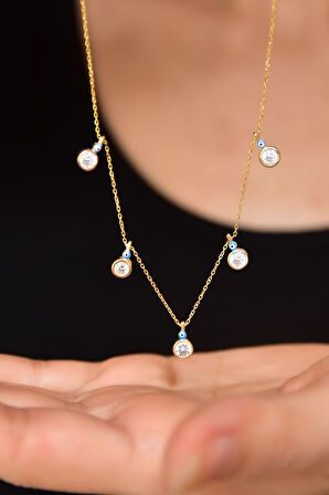 925 Ayar Gümüş Gold Kaplama Mineli Gözlü Yuvarlak Zirkon Taşlı Sallantılı Kolye